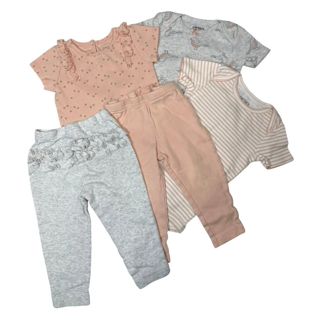 Carter's Bodysuit Matching Outfit Bundle Baby Girl Birds Peach Gray 6-9 Months